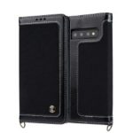 CMAI2 Jeans Cloth PU Leather Wallet Case with Hand Strap for Samsung Galaxy S10 – Black