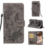 Imprint Butterfly Rose Flower Leather Wallet Flip Casing for Samsung Galaxy S10 Plus – Grey
