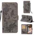 Imprint Butterfly Rose Flower Leather Wallet Mobile Cover for Samsung Galaxy S10e – Grey