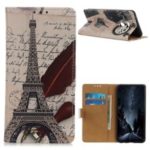Pattern Printing PU Leather Magnetic Wallet Cover for LG G8 ThinQ – Eiffel Tower and Quill-pen