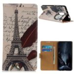 Pattern Printing Leather Wallet Stand Cover for OnePlus 7 – Eiffel Tower and Quill-pen