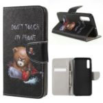 Pattern Printing Cross Texture PU Leather Wallet Flip Casing for Samsung Galaxy A50/A20/A30 – Brown Bear and Warning Words