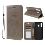 Imprint Cat and Fish Bone Wallet Leather Case with Strap for Samsung Galaxy M30 – Grey