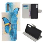 Pattern Printing Cross Texture Leather Wallet Case for Samsung Galaxy A70 – Blue Butterfly