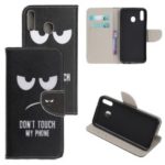 Cross Texture Pattern Printing PU Leather Wallet Shell for Samsung Galaxy M30 – Don’t Touch My Phone