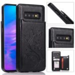 For Samsung Galaxy S10 Imprint Flower Card Holder PU Leather Coated TPU Cover with Kickstand – Black