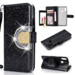 Glitter Powder Rhinestone Decoration Wallet Leather Case with Mirror for Huawei Honor 10 Lite / P Smart (2019) – Black