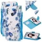 Patterned Leather Stand Protective Cover with Strap for Huawei Honor 10 Lite / P Smart (2019) – Blue Flower and Butterfly