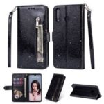 Glitter Powder Zippered Stand Leather Wallet Case with Strap for Huawei P30 Lite / nova 4e – Black