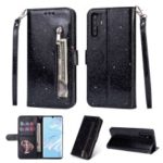 Glitter Powder Zippered Stand Leather Wallet Case with Strap for Huawei P30 Pro – Black