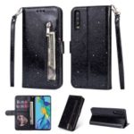 Glitter Powder Zippered Stand Leather Wallet Case with Strap for Huawei P30 – Black