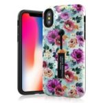 Embossed Flower Botany Pattern Finger Grip Kickstand TPU PC Hybrid Protection Case for iPhone XS Max 6.5 inch – Pattern B