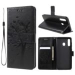 Imprint Cat and Tree Pattern Leather Wallet Case for Samsung Galaxy A30/A20 – Black