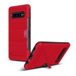 Samsung Galaxy S10 Brushed Plastic + TPU Mobile Case with Card Holder and Kickstand – Red