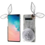 Rabbit Shape Rhinestone Decor Fluffy Fur Coated PC Mobile Phone Case for Samsung Galaxy S10 Plus