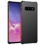 Electroplated Aluminum Alloy Bumper + Carbon Fiber PC Back Panel Slide-on Case for Samsung Galaxy S10 – Black / Red