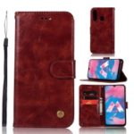 Premium Vintage Leather Wallet Case for Samsung Galaxy M30 – Wine Red