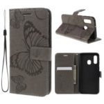 Imprint Butterfly Flowers Leather Stand Wallet Folio Case for Samsung Galaxy A40 – Grey