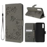 For Samsung Galaxy A70 Imprinted Butterfly Flowers Rhinestone Flip Wallet Leather Stand Phone Case – Grey