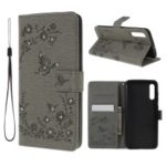 For Samsung Galaxy A50 Imprinted Butterfly Flowers Rhinestone Flip Wallet Leather Stand Phone Case – Grey