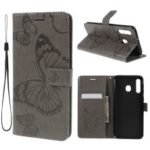 Imprint Butterfly Flowers Leather Stand Wallet Folio Case for Samsung Galaxy M30 – Grey