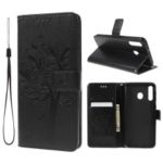 Imprint Cat and Tree Wallet Stand PU Leather Case for Samsung Galaxy M30 – Black