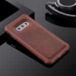For Samsung Galaxy S10e PU leather Coated TPU Anti-drop Phone Cover (Built-in Magnetic Holder Metal Sheet) – Coffee