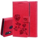 Imprinted Rose Flower Pattern Leather Wallet Case for Samsung Galaxy A40 – Red