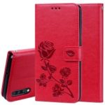 Imprinted Rose Flower Pattern Leather Wallet Case for Samsung Galaxy A70 – Red