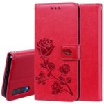 Imprinted Rose Flower Pattern Leather Wallet Case for Samsung Galaxy A50 – Red