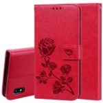 Imprinted Rose Flower Pattern Leather Wallet Case for Samsung Galaxy A10 – Red