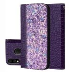 Crocodile Texture Glittery Sequins Splicing PU Leather Auto-absorbed Case for Samsung Galaxy M20 – Purple