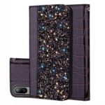 Crocodile Texture Glittery Sequins Splicing Leather Flip Case with Card Slot for Samsung Galaxy M10 – Black