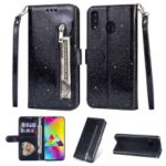 Flash Powder Zippered Stand Leather Wallet Cover with Strap for Samsung Galaxy M20 – Black