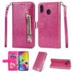 Flash Powder Zippered Stand Leather Wallet Cover with Strap for Samsung Galaxy M20 – Rose