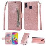 Flash Powder Zippered Stand Leather Wallet Cover with Strap for Samsung Galaxy M20 – Rose Gold
