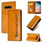 Zipper Pocket Wallet Stand Flip Leather Case for Samsung Galaxy S10 Plus – Yellow