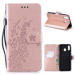 Imprint Plum Blossom Leather Wallet Stand Case for Samsung Galaxy M20 – Rose Gold