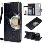 Glitter Powder Rhinestone Decoration Wallet Leather Case with Mirror for Samsung Galaxy A50 – Black