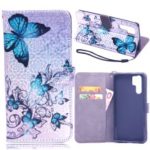 Laser Carving Pattern Printing Wallet Leather Stand Case with Strap for Huawei P30 Pro – Blue Butterfly