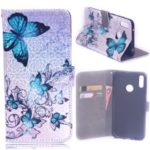 Laser Carving Pattern Printing Wallet Leather Case with Strap for Huawei Y7 Pro (2019) / Enjoy 9 – Blue Butterfly