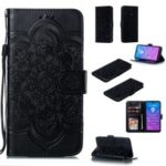 For Huawei Y7 (2019) Imprint Mandala Flower Leather Wallet Case Phone Cover – Black