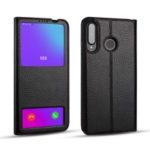 Dual View Window Litchi Skin Genuine Leather Flip Smart Phone Case for Huawei P30 Lite – Black