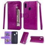 Glitter Powder Zippered Stand Leather Wallet Case with Strap for Huawei Y6 (2019, with Fingerprint Sensor) / Y6 Prime (2019) – Purple