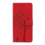 Imprint Cat and Tree Wallet Stand PU Leather Case for Motorola Moto G7 Power (EU Version) – Red