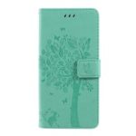 Imprint Cat and Tree Wallet Stand PU Leather Case for Motorola Moto G7 Power (EU Version) – Cyan