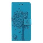 Imprint Cat and Tree Wallet Stand PU Leather Case for Motorola Moto G7 Power (EU Version) – Blue