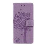 Imprint Cat and Tree Wallet Stand PU Leather Case for Motorola Moto G7 Power (EU Version) – Light Purple