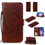 For Xiaomi Mi 9 Imprint Mandala Flower Stand Leather Phone Case Cover – Brown