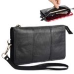6.5 Inch Universal Phone Pouch Genuine Leather Waist Bag Zipper Portable Handbag with Strap for Smartphones – Black